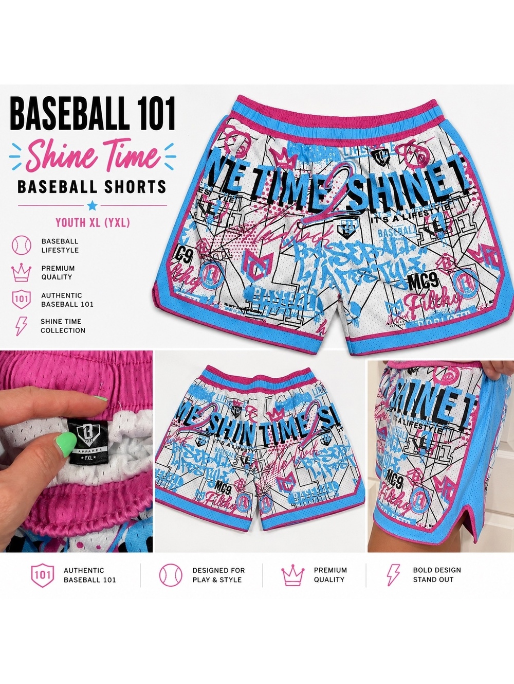 Baseball 101 Shine Time Baseball Shorts Pink Blue Youth XL YXL